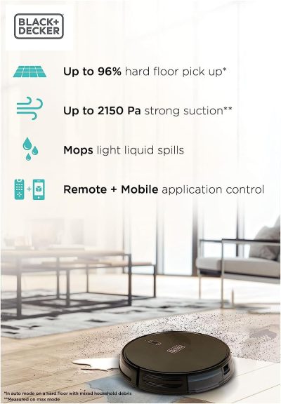 ⁦Black & Decker Robotic Vacuum and Mop, 2600 mAh, 2000 Pa, Black - BRVA425B00-B5⁩ - الصورة ⁦8⁩