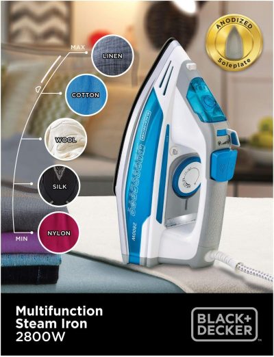 Black & Decker Ceramic Steam Iron, 2800W, 320ml, Blue - X2800-B5 - Image 6