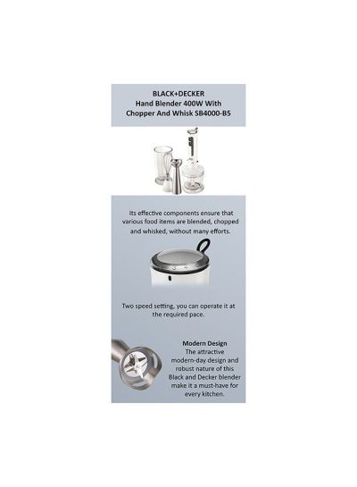 Black & Decker Hand Blender with Chopper, Bowl and Whisk, 400W, 500ml, White - SB4000-B5 - Image 6