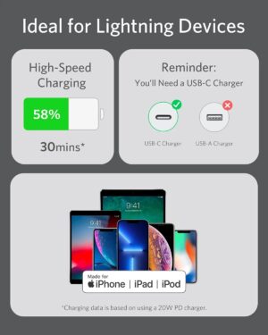 ⁦كابل USB-C إلى لايتنينج 6 قدم، من أنكر، أسود A8663H11⁩ - الصورة ⁦5⁩